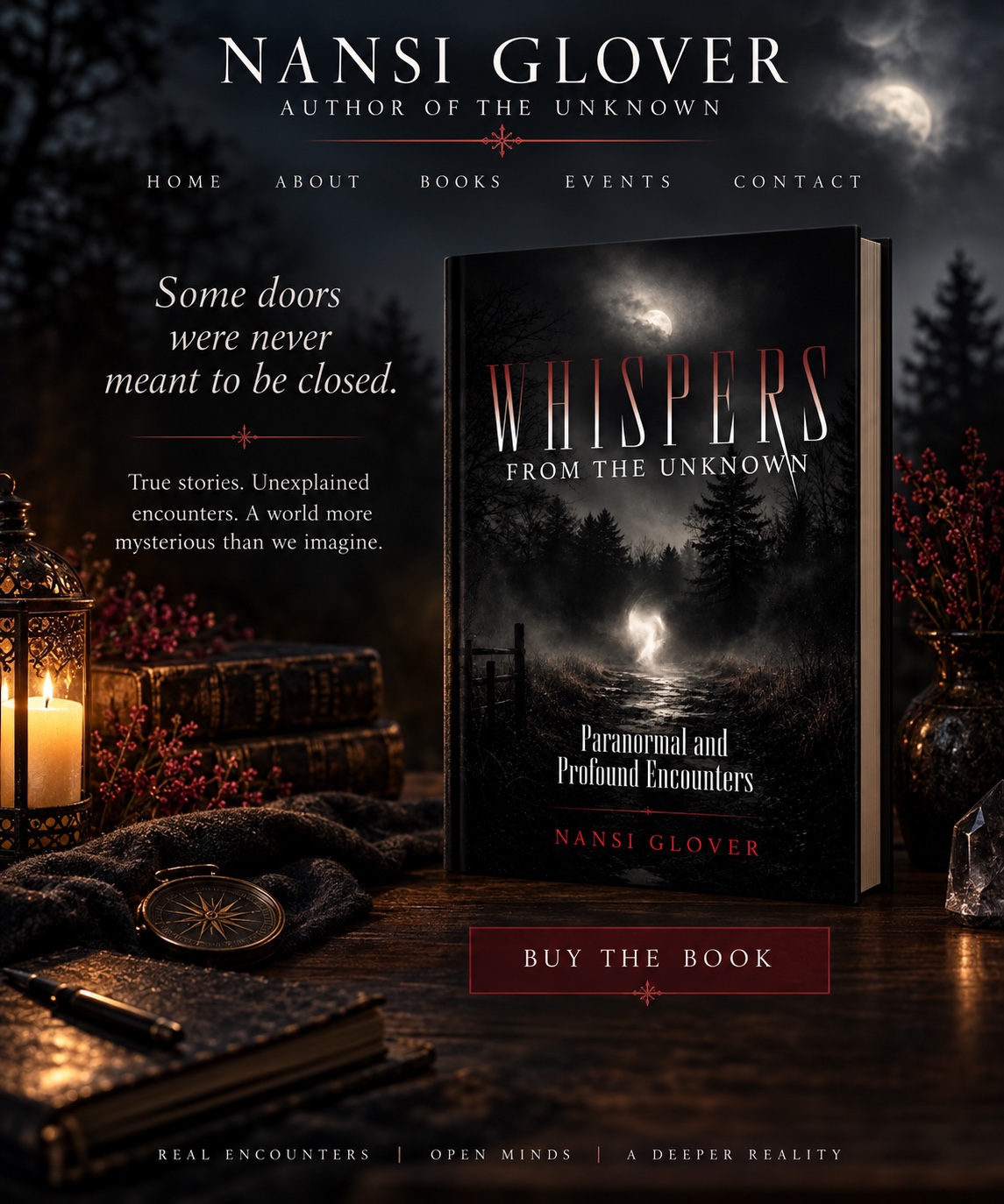 Nansi Glover, Author of the Unknown. Moonlit forest, candles, and Whispers from the Unknown book artwork. Some doors were never meant to be closed.